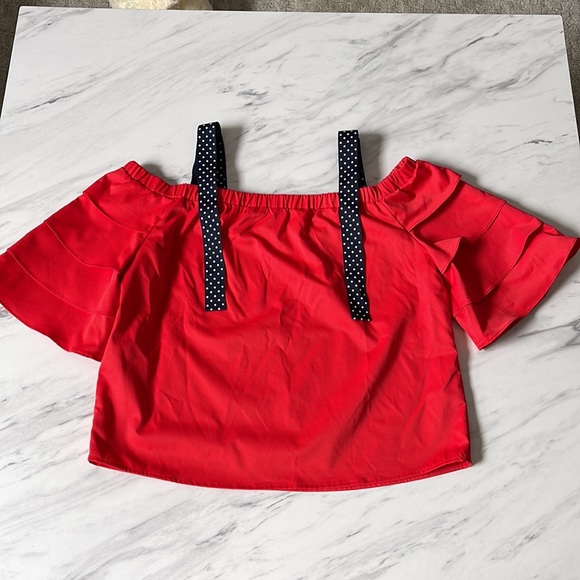 Lucy Paris Red Off The Shoulder Ruffle Sleeve Top Medium - Picture 2 of 3
